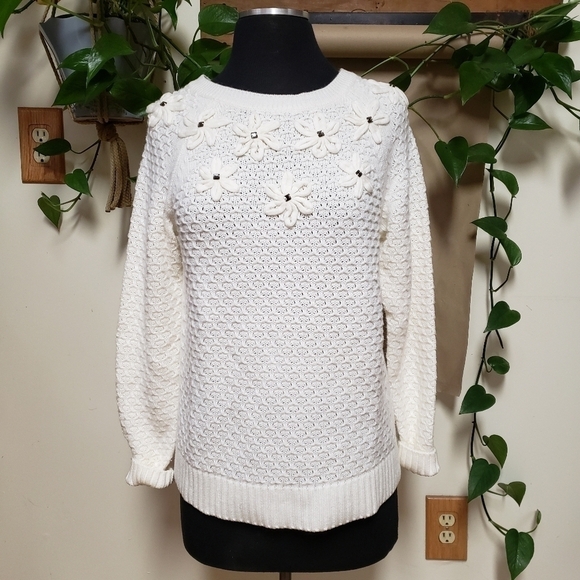 Vintage Sweaters - Vintage Floral Open Knit Creamy White Sweater with Beading Embellishments sz.SM